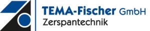 Logo for TEMA-Fischer GmbH Zerspantechnik, featuring blue and black geometric shapes symbolizing Zusammenarbeit, with the company name in matching blue and black text.