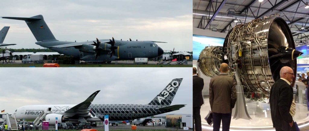 A collage shows a military cargo plane, a commercial Airbus A350, and people observing a large aircraft engine on display at the ILA aviation exhibition.