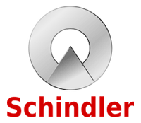 Schindler logo featuring a silver circular design with a triangular shape inside and the word Schindler in red text below.