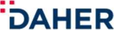 Daher company logo with dark blue text and three red squares arranged in an L-shape to the left of the letter D.