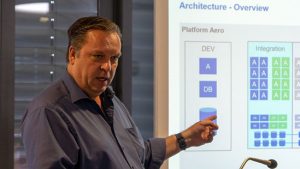 Ein Mann in einem blauen Hemd zeigt während einer Vorlesung des SAE Institute auf ein Diagramm auf einer projizierten Präsentationsfolie mit der Überschrift „Architektur – Übersicht“ mit verschiedenen beschrifteten Kästen und Diagrammen.