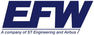 Blue EFW logo with the text Elbe Flugzeugwerke GmbH, A Company of ST Engineering and Airbus, highlighting their expertise in aviation supply chain solutions, beneath the large acronym.