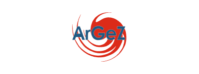 The logo features the word ArGeZ in blue letters over a red, swirling, abstract circular design on a white background.