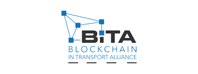 BiTA logo featuring interconnected blue squares forming a network above the text BiTA Blockchain in Transport Alliance on a white background.
