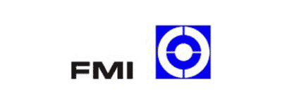 Black letters FMI next to a blue and white circular geometric logo with concentric circles and crosshair lines inside a blue square.