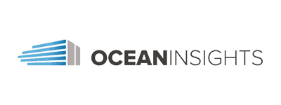 Logo for Ocean Insights featuring blue and gray horizontal bars resembling waves or a building, next to the company name in bold and regular font.