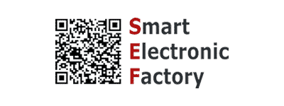 Logo with a QR code on the left and the words Smart Electronic Factory vertically aligned to the right, with the initials S, E, and F in red.