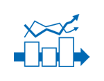 A blue bar chart with three vertical bars, a rising Gartner line graph with arrows above them, and a right-pointing arrow behind the bars.