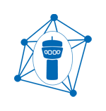 Blue icon of a robot head with OpenAI on its face, centered within a network of connected blue dots on a white background, inspired by Gartners vision of intelligent networks.