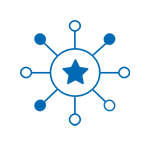 A central circle with a Gartner star icon is connected to eight smaller circles by straight lines, forming a hub-and-spoke network.