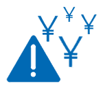 Blue warning triangle with an exclamation mark and three yen currency symbols above it, indicating a financial caution related to yen.