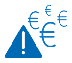 Neben mehreren blauen Euro-Währungssymbolen wird ein blaues Warndreieck mit einem Ausrufezeichen angezeigt, das auf mögliche Probleme bei der Rechnungsverarbeitung hinweist.