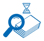 Blue icon showing a magnifying glass over stacked papers with an hourglass above, representing document review or delayed invoicing processing.