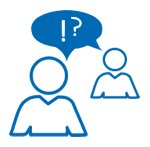 Two people with speech bubbles above their heads, one showing an exclamation mark and the other a question mark, indicating a conversation or exchange of ideas about invoicing.