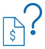 Blue icon of a document with a dollar sign next to a large question mark, suggesting an invoicing or billing inquiry.