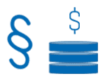 Blue paragraph symbol, a dollar sign, and stacked coins icon on a white background, representing invoicing and financial management.