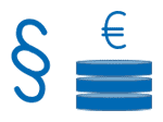 Neben einem Stapel Münzen und einem Euro-Symbol wird ein blaues Absatzsymbol angezeigt, das Themen der Finanzregulierung und rechtliche Fragen bei der Rechnungsverarbeitung hervorhebt.