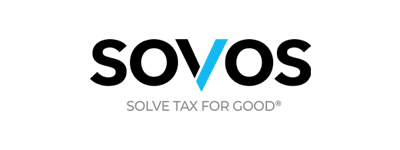 Sovos logo with black letters, a blue V, and the tagline SOLVE TAX FOR GOOD in gray below.