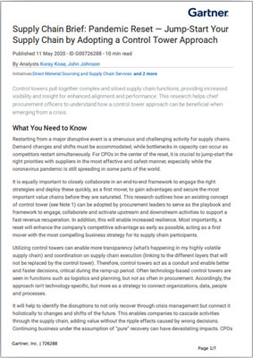 Screenshot of a Gartner article titled Supply Chain Brief: Pandemic Reset—Jump-Start Your Supply Chain by Adopting a Control Tower Approach, discussing supply chain improvements post-crisis.
