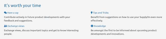 Informational graphic listing four benefits of joining the user community: Have a say, Exchange views, Tips and Tricks, and Knowledge—each with a brief description and icon.