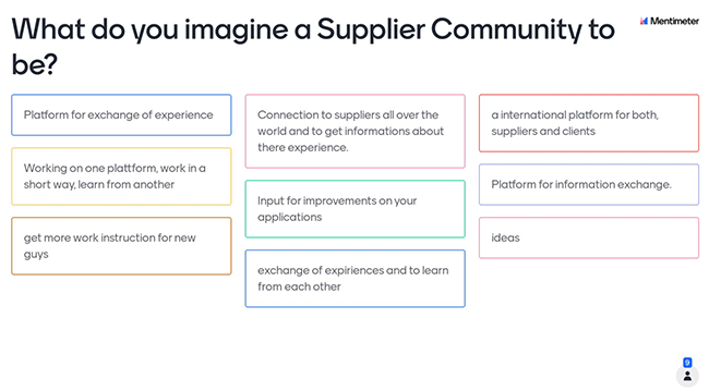 A whiteboard with text responses describing a Supplier Community, highlighting ideas like experience exchange and learning from each other—perfect inspiration for your next Supplier Community Day.