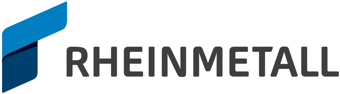 Rheinmetall logo featuring a stylized blue geometric shape to the left of the company name in bold, gray uppercase letters.