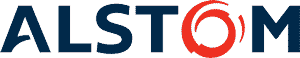 ALSTOM logo with ALSTOM in bold navy letters and a red circular swirl design integrated into the letter O.