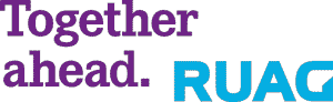 The image features the text Together ahead. RUAG, with Together ahead. in purple and RUAG in blue, highlighting the RUAG brand.