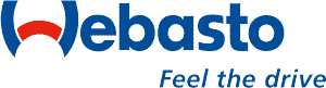 Webasto logo with a blue and red emblem on the left, blue Webasto text, and the slogan Feel the drive in blue below.