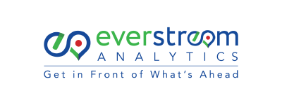 Everstream Analytics logo with blue and green text, stylized map pin icons, and the tagline “Get in Front of What’s Ahead.”.