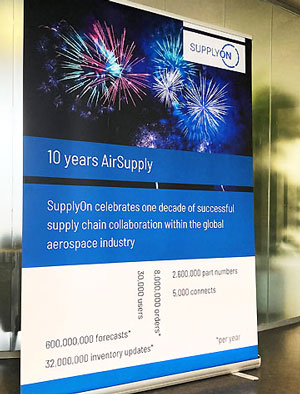 A banner displays fireworks and text celebrating 10 years of AirSupply, showcasing AirSupply’s achievements in global aerospace supply chain collaboration.