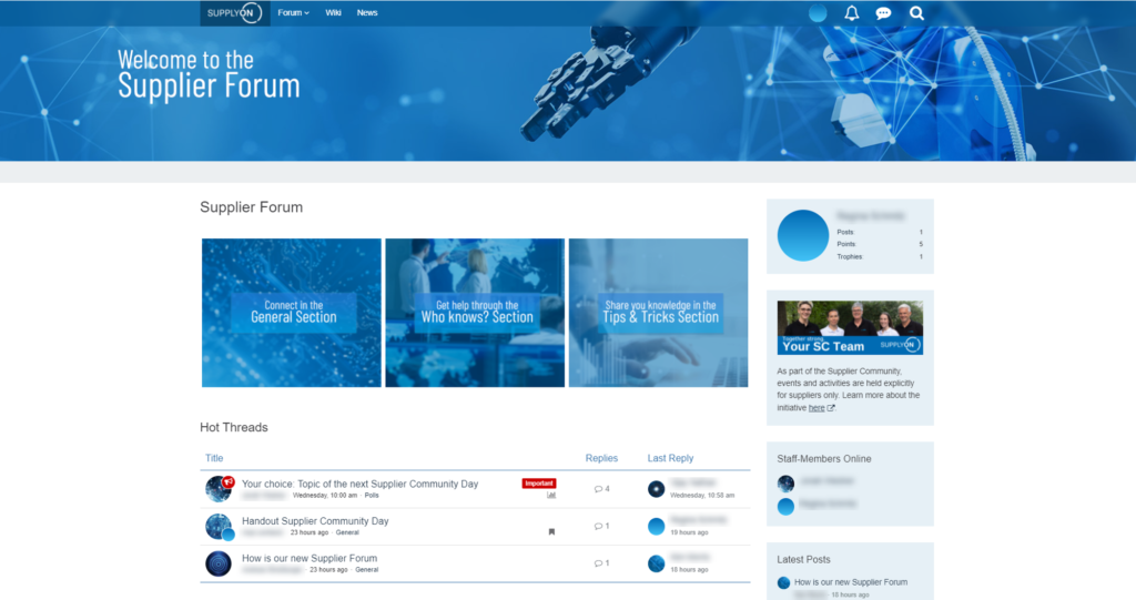 Screenshot of a Supplier Forum homepage featuring navigation links, a welcome banner, forum sections, hot threads, and a sidebar with user and community info.