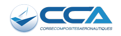 Logo for Corse Composites Aéronautiques (CCA), featuring a stylized graphic with blue and white colors and the company’s full name below the initials.