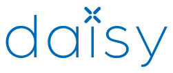 Blue lowercase word daisy with a stylized asterisk-like flower symbol above the letter i, on a white background.