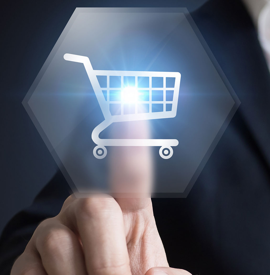A person presses a virtual touchscreen button displaying a shopping cart icon, symbolizing online shopping or e-commerce.
