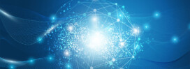 Abstract digital illustration featuring interconnected nodes, glowing lines, and blue light effects on a gradient blue background, representing technology and network concepts.
