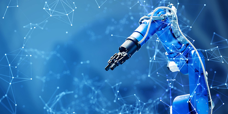 A robotic arm is extended against a blue background with digital network graphics, illustrating advanced technology and automation.