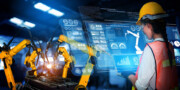 A person in safety gear operates robotic arms using a large digital touchscreen interface displaying data and performance analytics in an industrial setting.