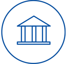 Blue outline icon of a classical building with columns, enclosed in a circular border.