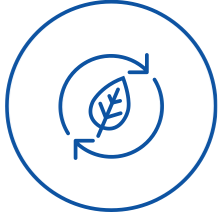 Blue outline icon of a leaf inside a circular arrow, symbolizing sustainability or eco-friendly practices.