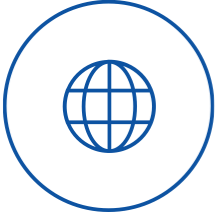 A blue globe icon with latitude and longitude lines is centered inside a blue circle on a white background.