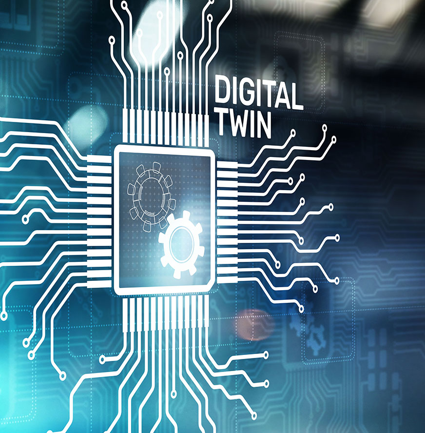 A digital circuit board graphic with gear icons in the center and the words DIGITAL TWIN on a blue, technology-themed background, highlighting how digital twin simplifies traceability and improves product quality.