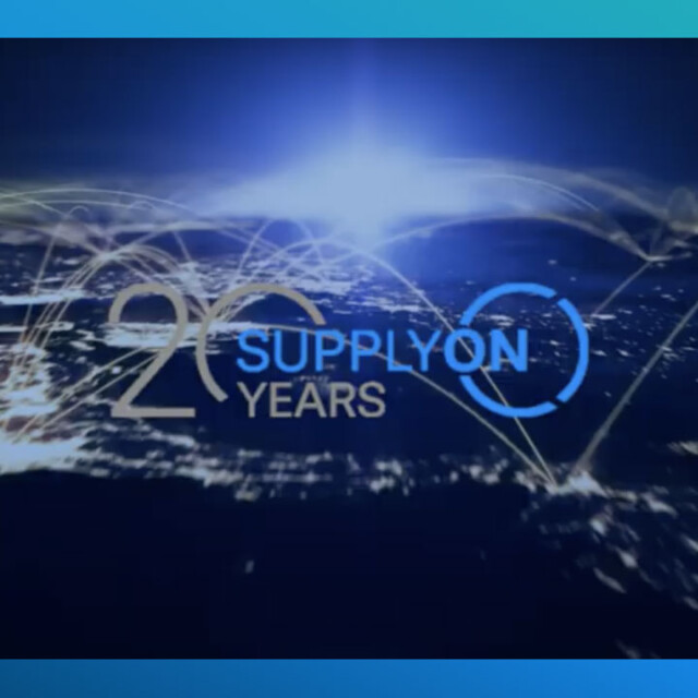 Digital graphic with the text 20 YEARS SUPPLYON over a world map, featuring illuminated network connections and a blue gradient border—celebrating global innovation and career milestones.
