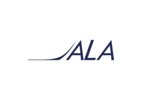 Navy blue stylized text logo that reads ALA with a sweeping curved line extending from the left.