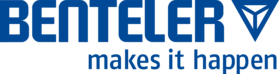 Benteler logo with the tagline makes it happen in blue text and a stylized triangular icon on the right.