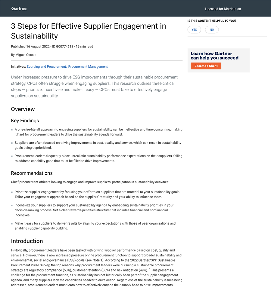 Screenshot of a Gartner article titled 3 Steps for Effective Supplier Engagement in Sustainability, summarizing key findings, recommendations, and including navigation and feedback options.