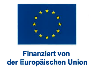 EU flag with twelve yellow stars in a circle on a blue background above the German text Finanziert von der Europäischen Union.