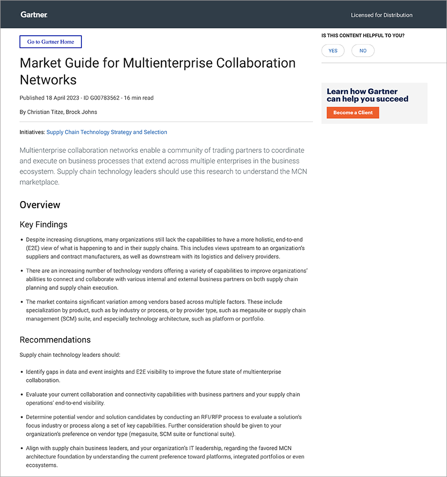 Screenshot of a Gartner report webpage titled Market Guide for Multienterprise Collaboration Networks, summarizing key findings and offering an overview of industry trends and business impacts.