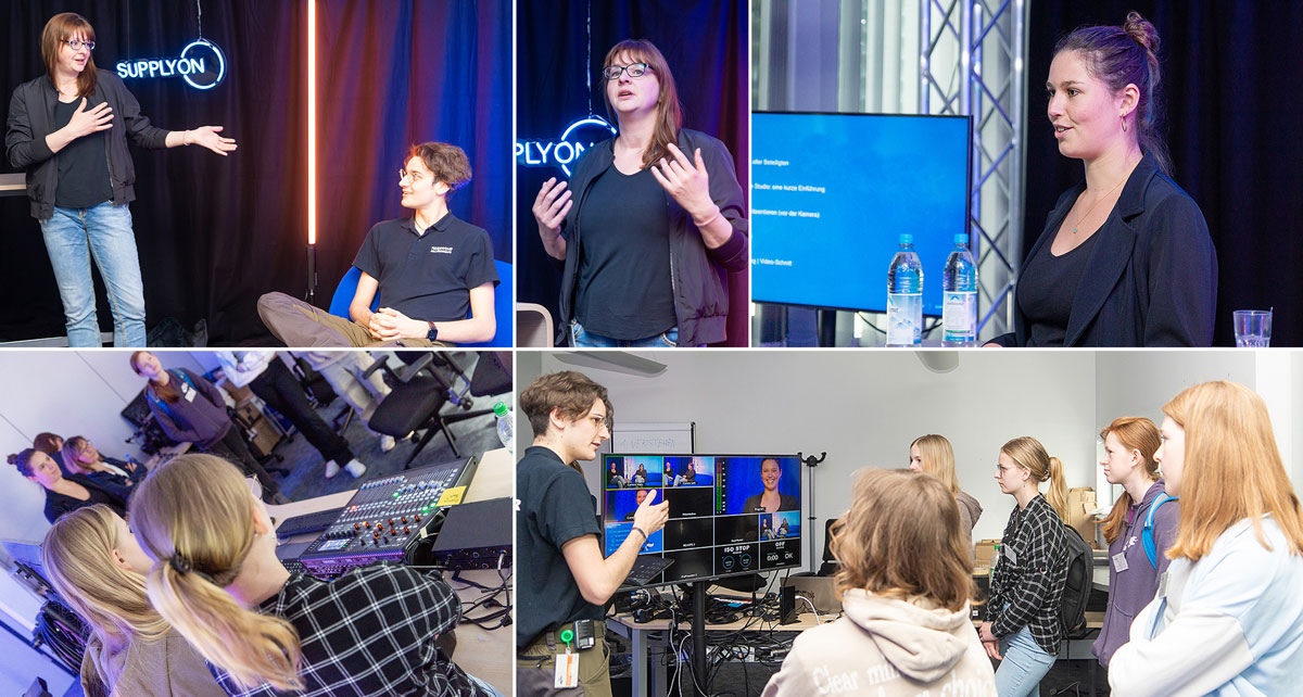 A collage of people participating in a professional workshop, featuring discussions, presentations, and technical production activities in a modern indoor setting, celebrates Girls Day and encourages women in STEM.