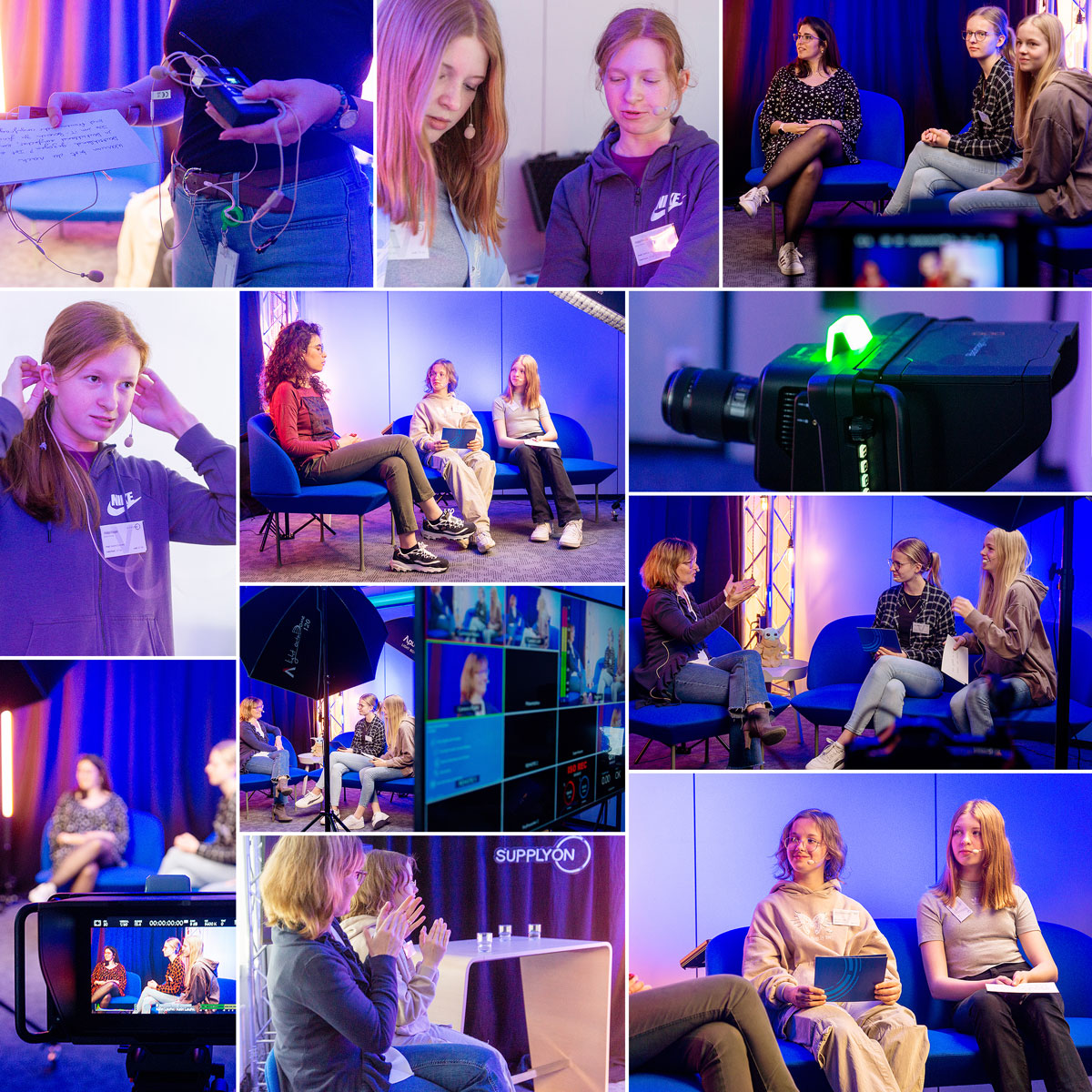 Collage of people in a studio setting with cameras, lighting equipment, and interview discussions. Some images highlight Girls Day participants in behind-the-scenes views and close-ups with production equipment.